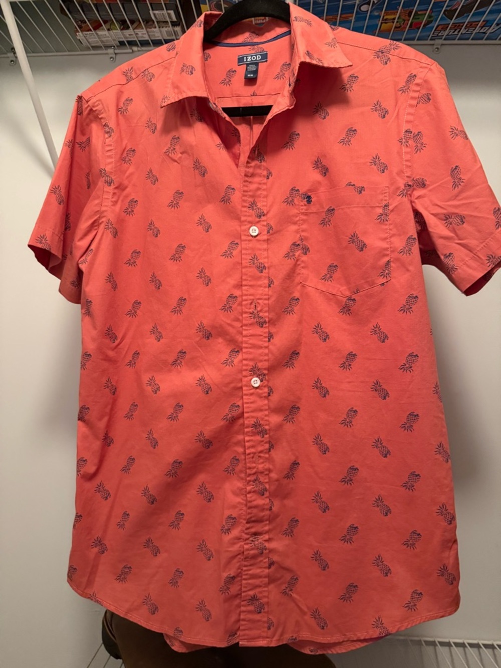 Izod Coral Short-Sleeve Button-Down with Navy Palm Print